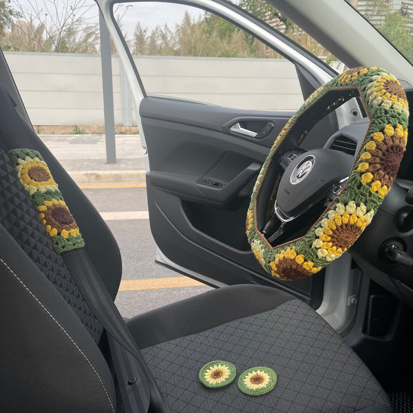 Handmade Sunflower Steering Wheel Cover,Crochet Steering Wheel Cover,Flower seat belt Cover,Cute Wheel Cover,Car Accessories,Mother's Day